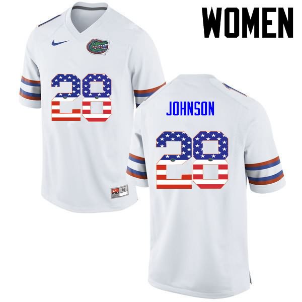 Women's NCAA Florida Gators Kylan Johnson #28 Stitched Authentic USA Flag Fashion Nike White College Football Jersey FLF4865GJ